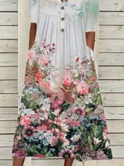 V Neck Button Floral Beach Casual Midi Dresses Maxi Dresses