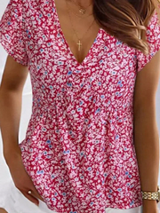 V Neck Floral Casual Short Sleeve T-Shirts Tee