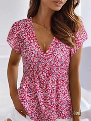 V Neck Floral Casual Short Sleeve T-Shirts Tee