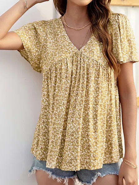 V Neck Floral Loosen Daily Tunic Tops Woman Fashion Shirts