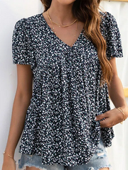 V Neck Floral Loosen Daily Tunic Tops Woman Fashion Shirts