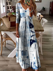 V Neck Geometric Casual Long Sleeve Maxi Dress