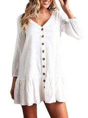 V Neck  Single Breasted  Plain  Long Sleeve Casual Dresses