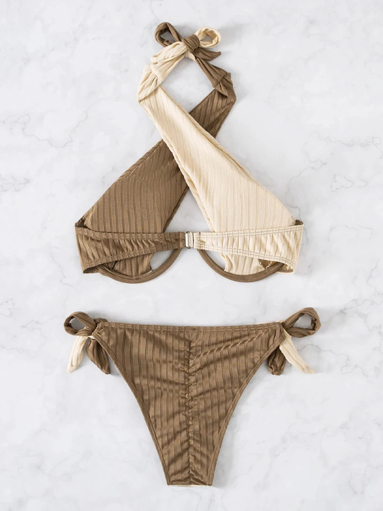 Underwire Push Up Tied High Cut Bikini Set