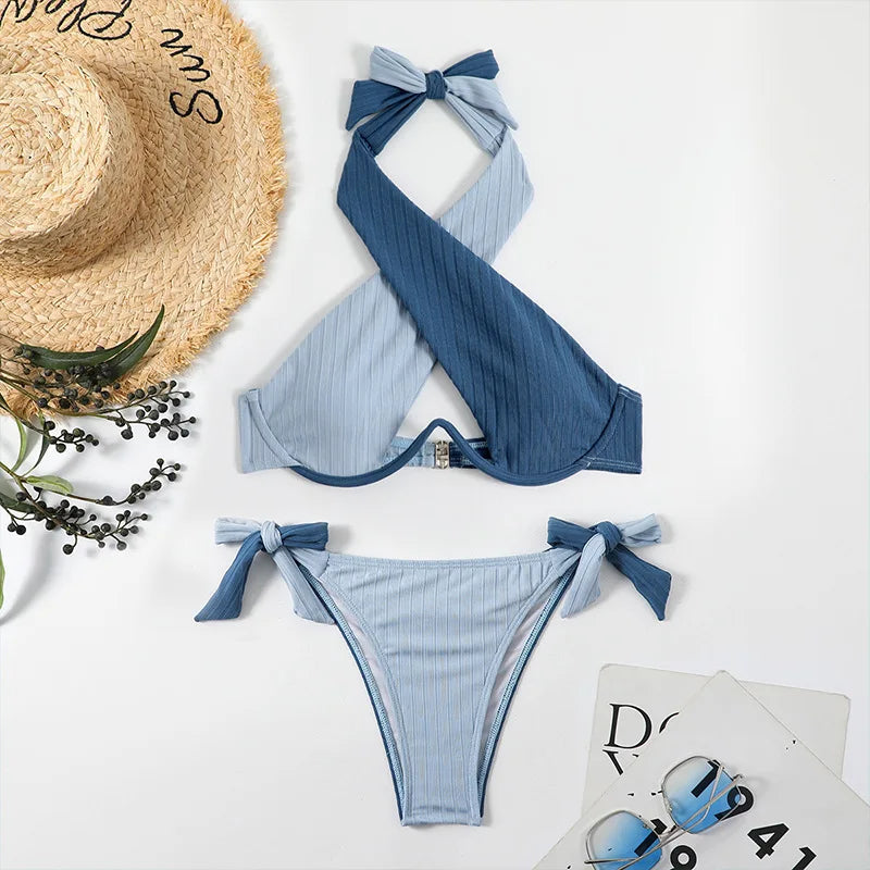 Underwire Push Up Tied High Cut Bikini Set