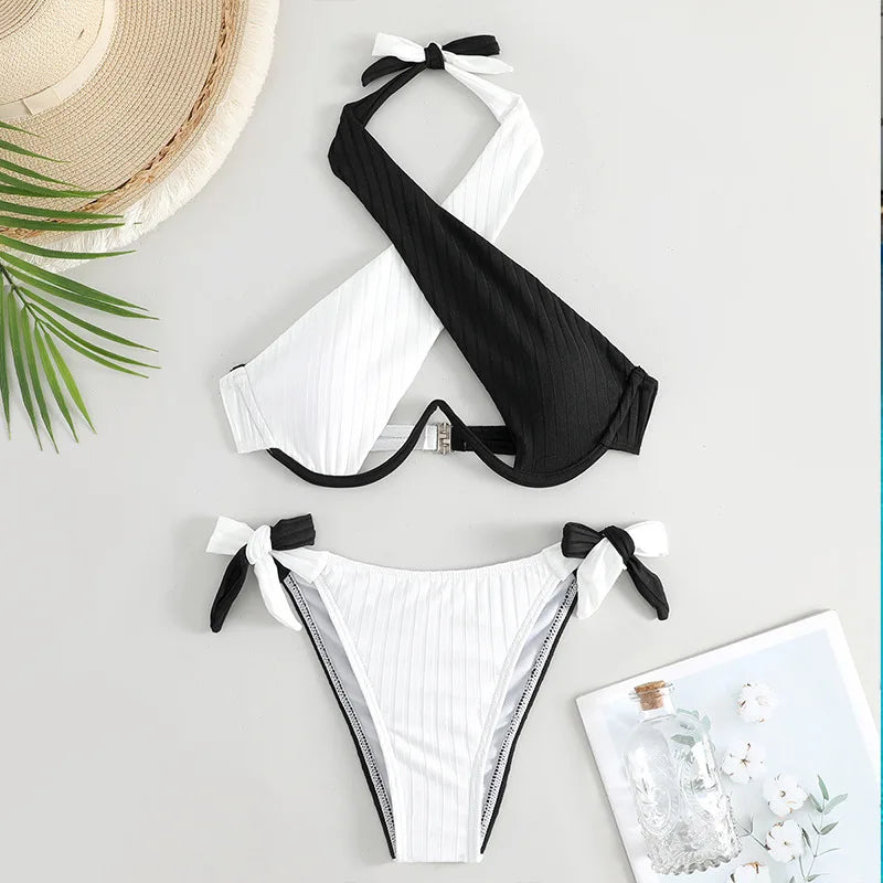 Underwire Push Up Tied High Cut Bikini Set