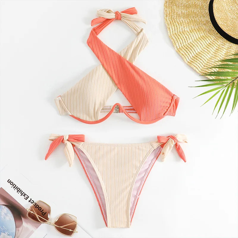 Underwire Push Up Tied High Cut Bikini Set