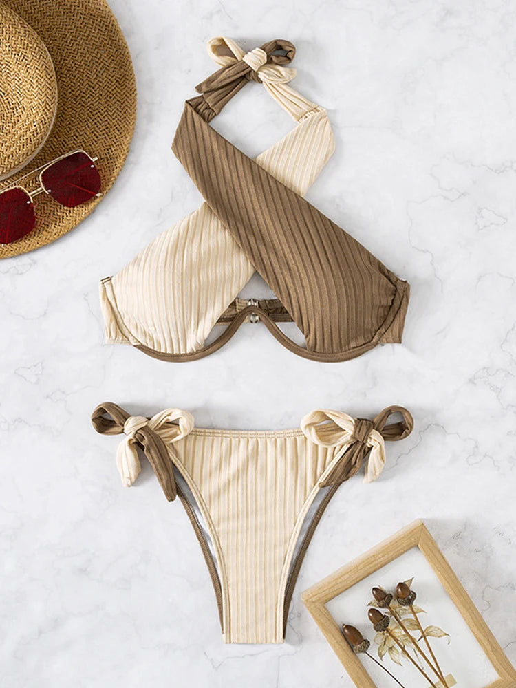 Underwire Push Up Tied High Cut Bikini Set