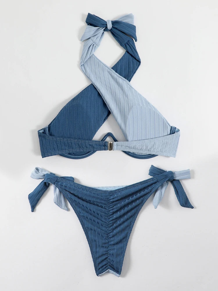 Underwire Push Up Tied High Cut Bikini Set