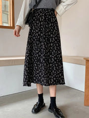 Vintage Floral Print A-line Pleated Streetwear Drawstring Midi Skirt
