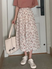 Vintage Floral Pleated Korean Midi Skirt