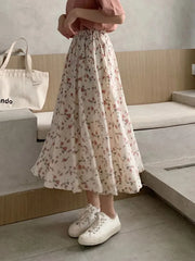 Vintage Floral Pleated Korean Midi Skirt