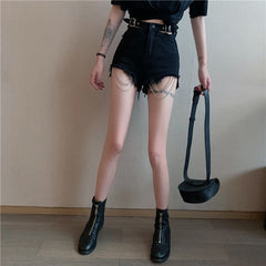 Vintage Gothic Black Hole Chain Denim Short Harajuku Female  Shorts