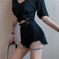 Vintage Gothic Black Hole Chain Denim Short Harajuku Female  Shorts