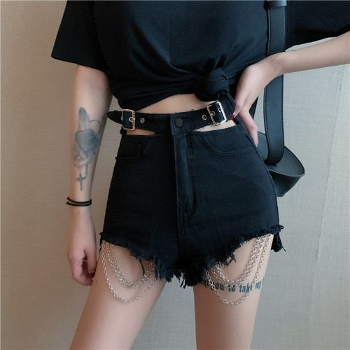 Vintage Gothic Black Hole Chain Denim Short Harajuku Female  Shorts