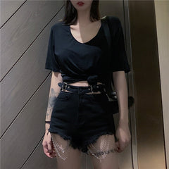 Vintage Gothic Black Hole Chain Denim Short Harajuku Female  Shorts