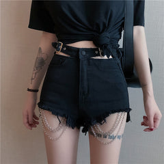 Vintage Gothic Black Hole Chain Denim Short Harajuku Female  Shorts