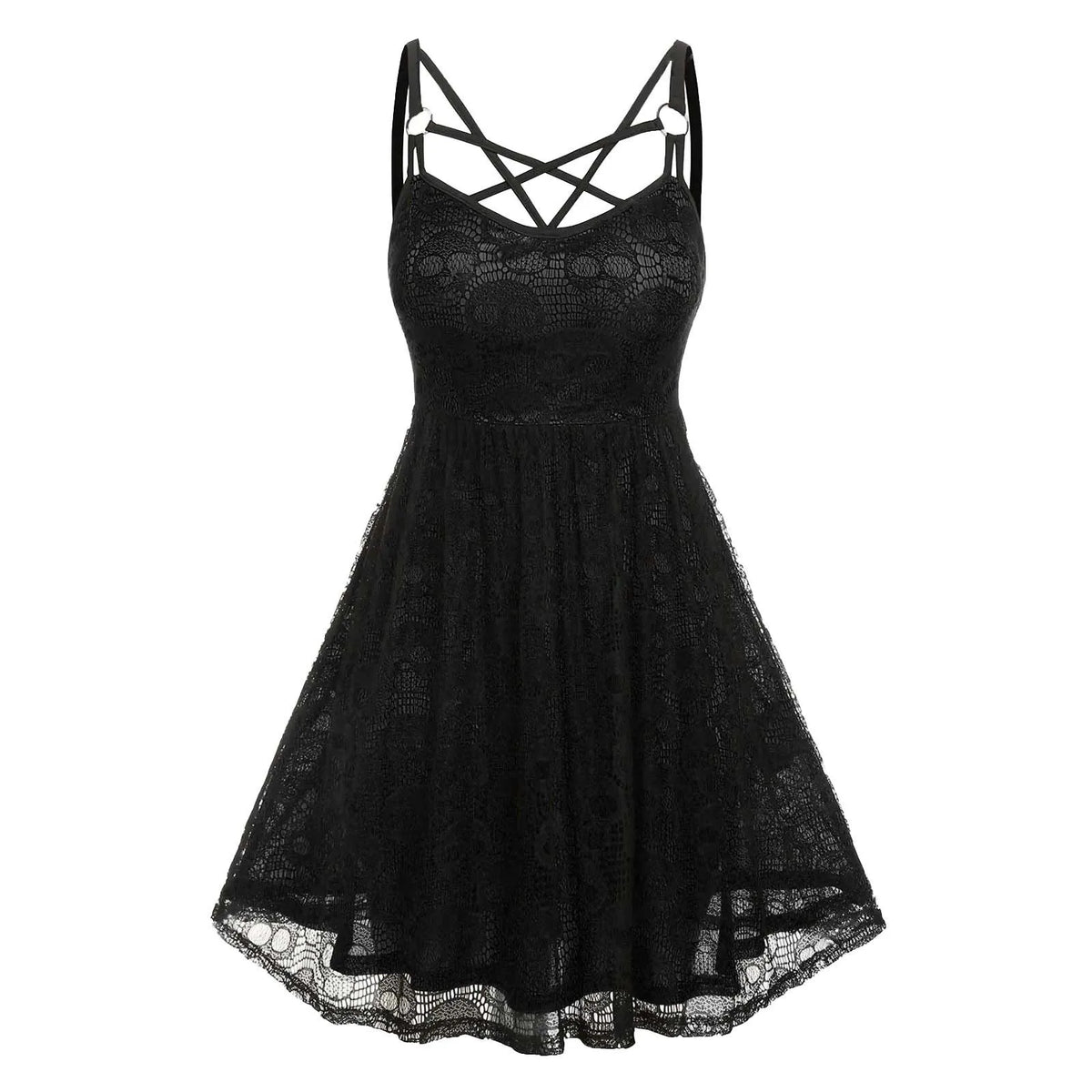 Vintage Halloween Skull Print Slip Cross Bandage Mesh Backless Prom Gothic Clubwear Dress