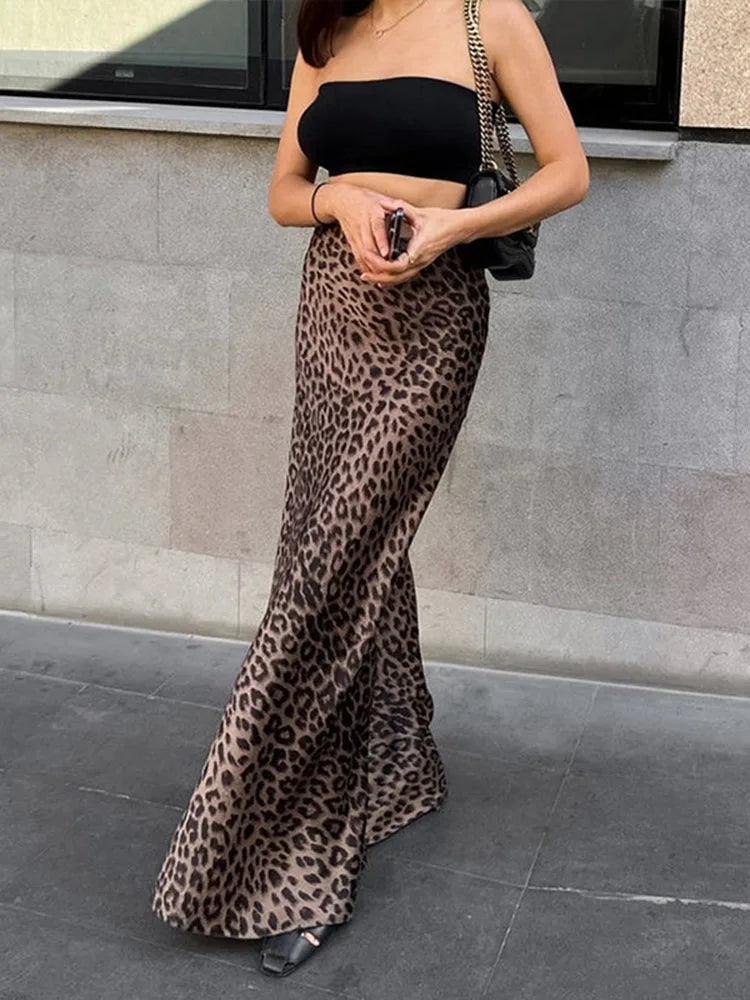 Vintage Leopard Print High Waist Trumpet Skirt