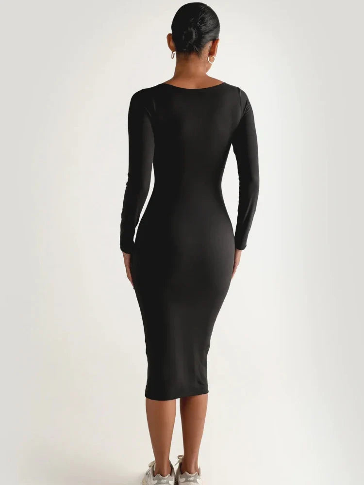 Classics Solid Collar Long-sleeved Vintage Bodycon Dress