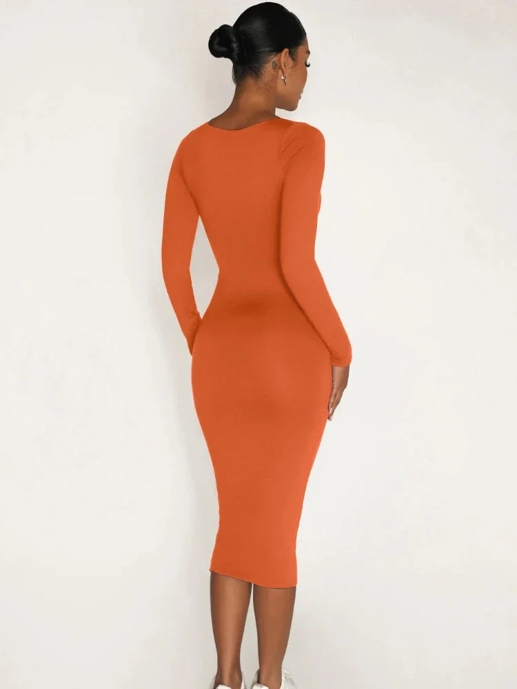 Classics Solid Collar Long-sleeved Vintage Bodycon Dress