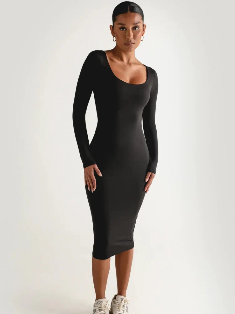 Classics Solid Collar Long-sleeved Vintage Bodycon Dress