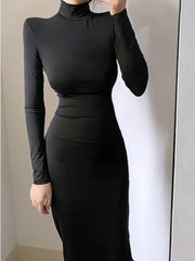 Korean  Slim Stand Collar Black Maxi Dress