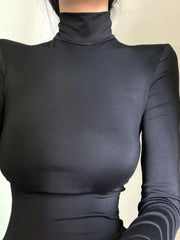 Korean  Slim Stand Collar Black Maxi Dress