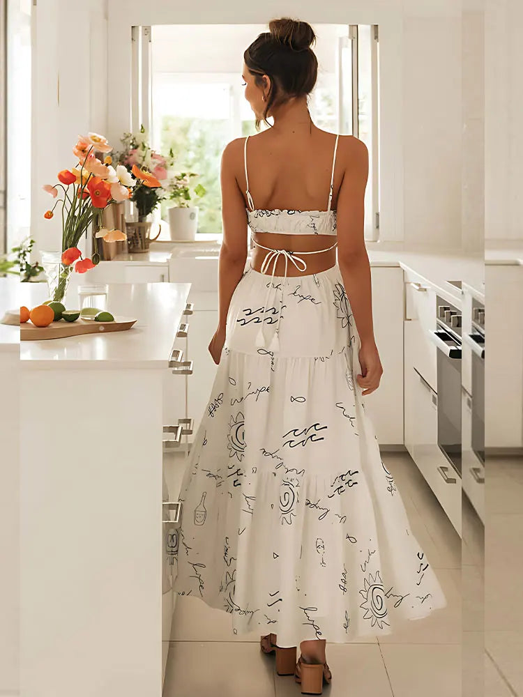 Sweet White Graffiti Print V-Neck Tassel Sleeveless Floral Dress