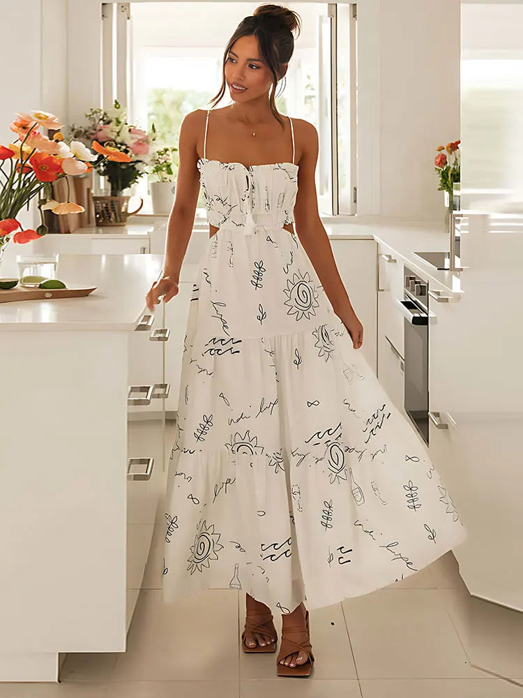 Sweet White Graffiti Print V-Neck Tassel Sleeveless Floral Dress