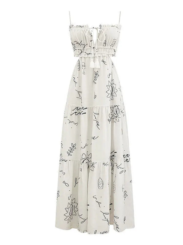 Sweet White Graffiti Print V-Neck Tassel Sleeveless Floral Dress