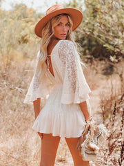 Deep V Neck Lace Tunic Mini Boho Dress