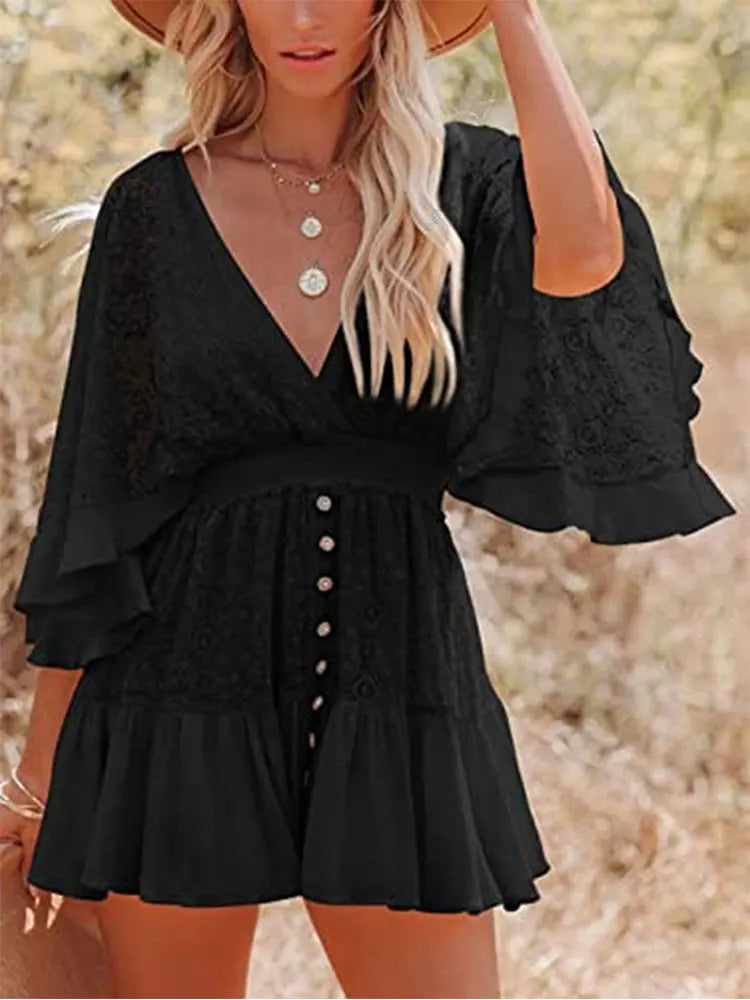 Deep V Neck Lace Tunic Mini Boho Dress