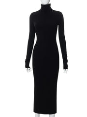 Elegant Spring Turtleneck Knitted Ribbed Sheath Midi Bodycon Dress