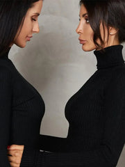 Elegant Spring Turtleneck Knitted Ribbed Sheath Midi Bodycon Dress