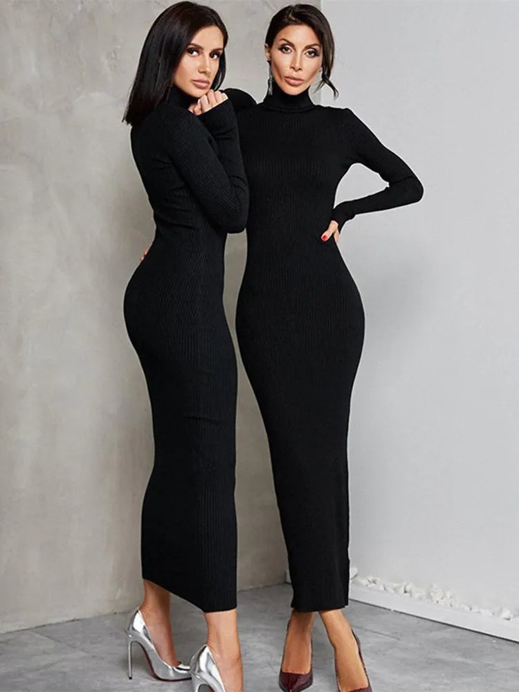 Elegant Spring Turtleneck Knitted Ribbed Sheath Midi Bodycon Dress