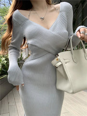 Elegant V-Neck Solid Y2K Designer Knitted Maxi Dress