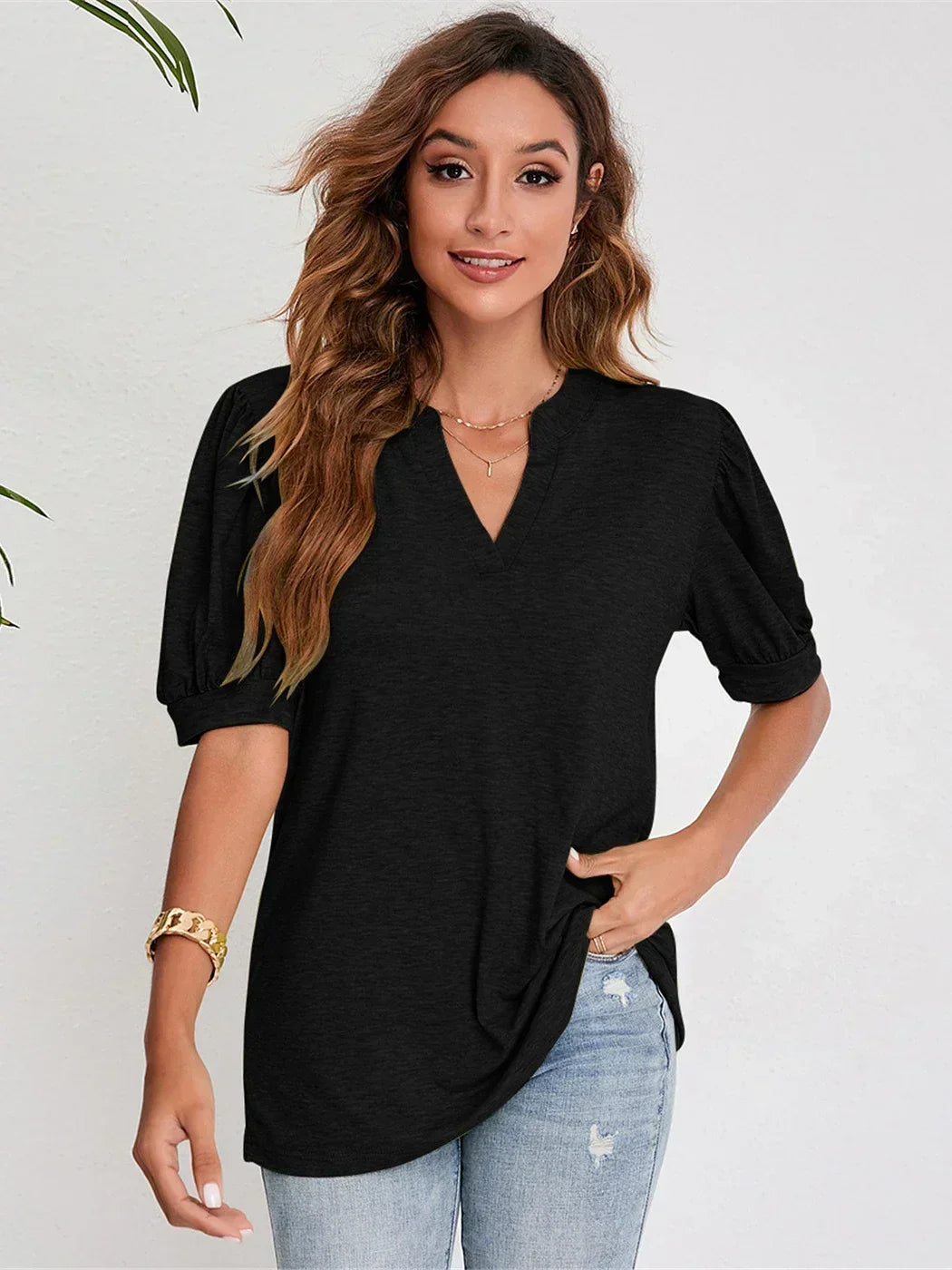 Cute Short Puff Sleeve Black T-Shirt for
