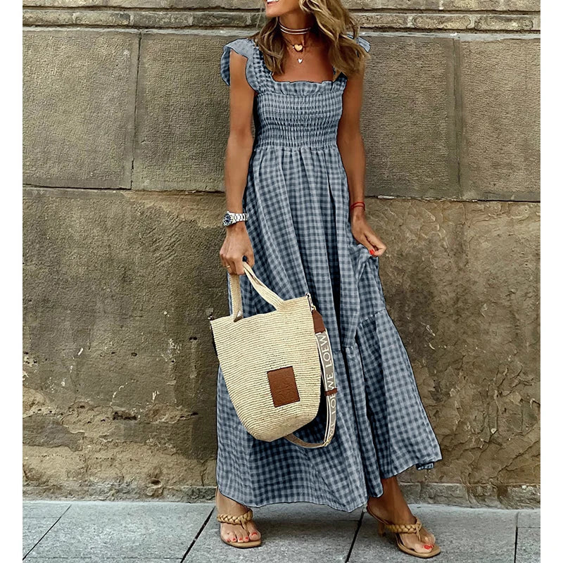 Casual Vintage Pleated Sleeveless Maxi Dress for Y2K Boho Dress