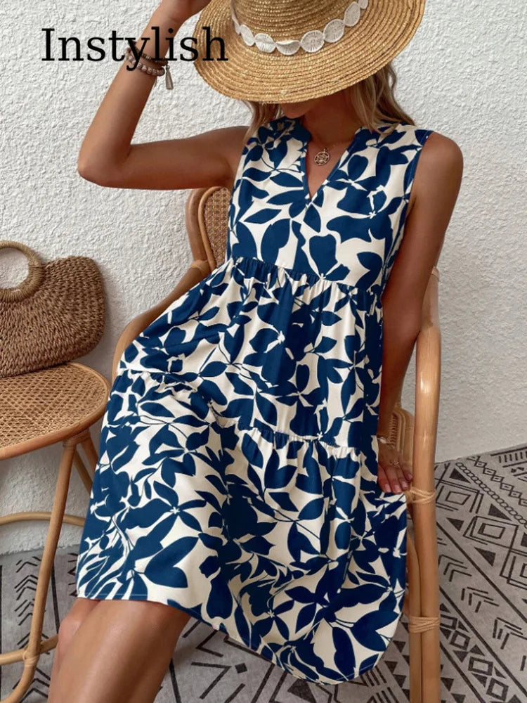 Boho Print Mini Elegant Sleeveless Ruffle A Line Tank Casual Beach Midi Dresses