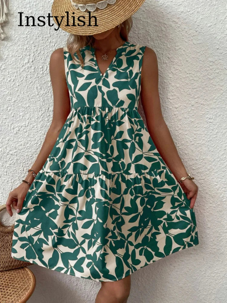 Boho Print Mini Elegant Sleeveless Ruffle A Line Tank Casual Beach Midi Dresses