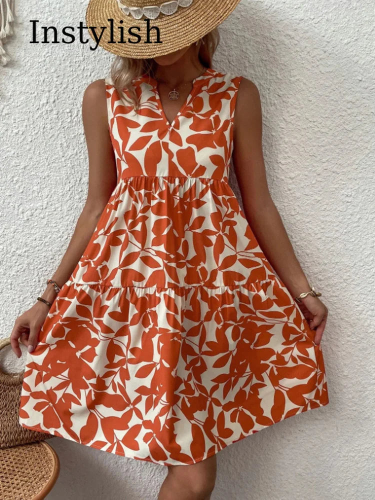 Boho Print Mini Elegant Sleeveless Ruffle A Line Tank Casual Beach Midi Dresses