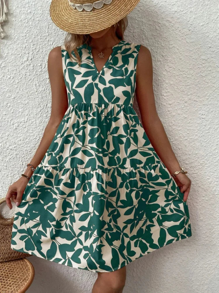 Boho Print Mini Elegant Sleeveless Ruffle A Line Tank Casual Beach Midi Dresses