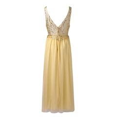 Deep V Neck Slim Waist Sequins Hollow Lace Party High Slits Mesh SunLong Dress