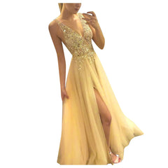 Deep V Neck Slim Waist Sequins Hollow Lace Party High Slits Mesh SunLong Dress