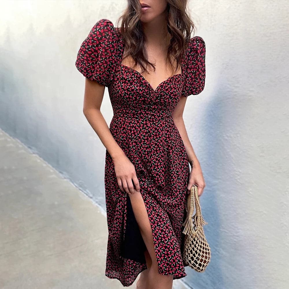 Elegant Floral Print Summer Dress V-neck Puff Sleeve Split Midi Dress