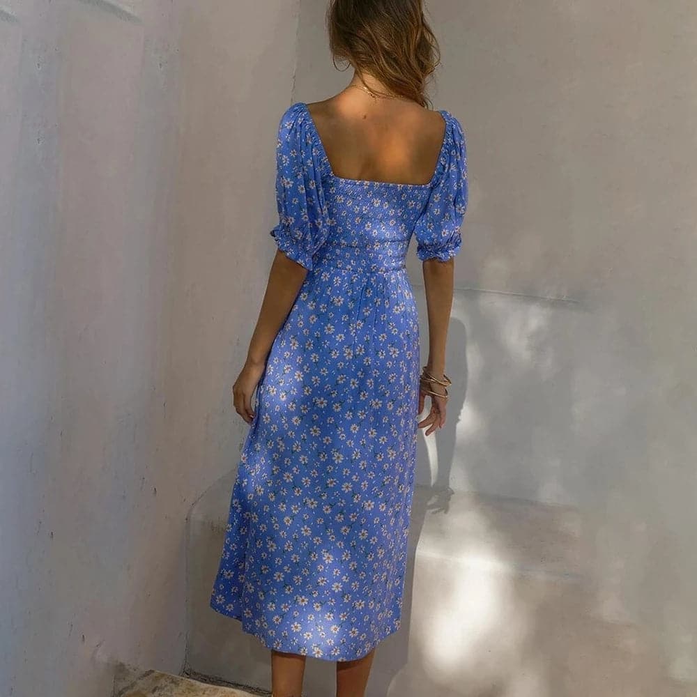 Elegant Floral Print Summer Dress V-neck Puff Sleeve Split Midi Dress