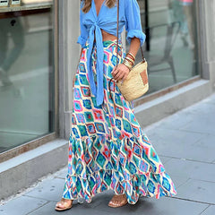 Elegant High Waist Vintage Patterned Print Boho Long Maxi Skirt