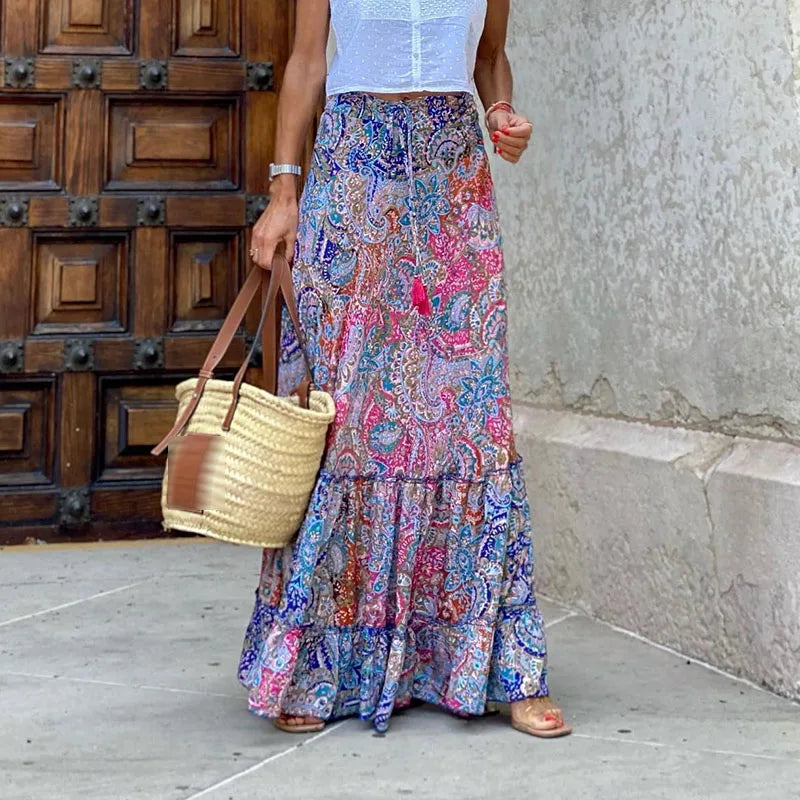 Elegant High Waist Vintage Patterned Print Boho Long Maxi Skirt