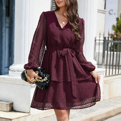 Elegant Ruffled Chiffon Office Belted V Neck Elastic Waist Patchwork Summer  Dress